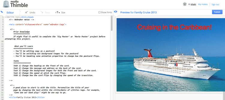 Working in Thimble to create the postcard